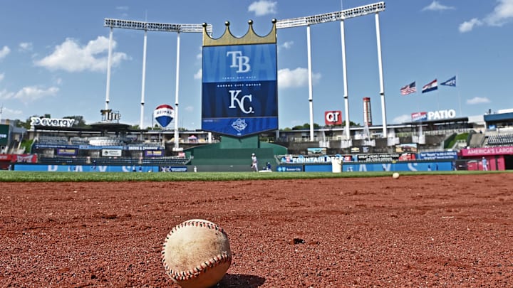 Jul 2, 2024; Kansas City, Missouri, USA;  A general view of of Kauffman Stadium before a game between the Kansas City Royals and Tampa Bay Rays. Mandatory Credit: Peter Aiken-Imagn Images