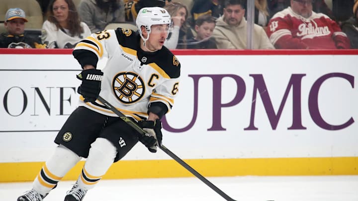 Mar 1, 2025; Pittsburgh, Pennsylvania, USA; Boston Bruins left wing Brad Marchand (63) skates with the puck against the Pittsburgh Penguins during the first period at PPG Paints Arena. Mandatory Credit: Charles LeClaire-Imagn Images Mar 1, 2025; Pittsburgh, Pennsylvania, USA; Boston Bruins left wing Brad Marchand (63) skates with the puck against the Pittsburgh Penguins during the first period at PPG Paints Arena. Mandatory Credit: Charles LeClaire-Imagn Images