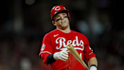 Sep 9, 2023; Cincinnati, Ohio, USA; Cincinnati Reds center fielder Harrison Bader (4) reacts after a strike called in the fifth inning in the game against the St. Louis Cardinals at Great American Ball Park. Mandatory Credit: Katie Stratman-Imagn Images