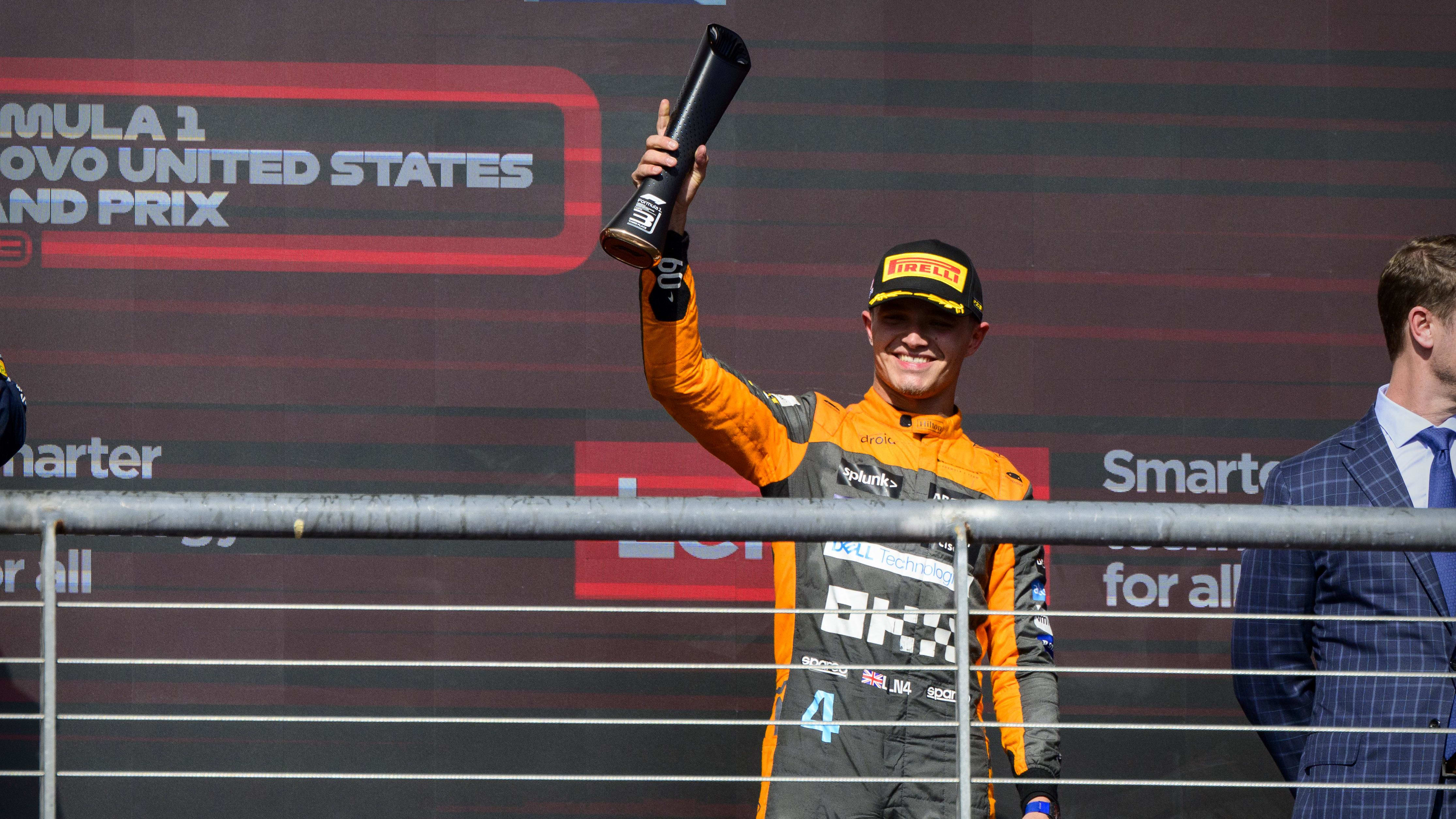 Oct 22, 2023; Austin, Texas, USA; McLaren F1 driver Lando Norris (4) of Team Great Britain on podium