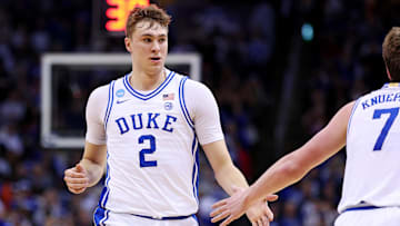 Mar 29, 2025; Newark, NJ, USA; Duke Blue Devils forward Cooper Flagg (2) celebrates with guard Kon Knueppel (7)