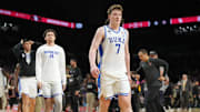 Apr 5, 2025; San Antonio, TX, USA; Duke Blue Devils guard Kon Knueppel (7) walks off the court after losing to the Houston Cougars in the semifinals of the men's Final Four of the 2025 NCAA Tournament at the Alamodome. Mandatory Credit: Robert Deutsch-Imagn Images