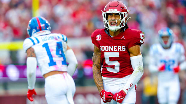 Oklahoma wide receiver Isaiah Sategna III (5) reacts after making a catch during the first half against Ole Miss. 