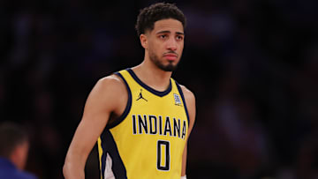 Indiana Pacers guard Tyrese Haliburton (0) reacts in the third quarter against the New York Knicks during Game 1 of the Eastern Conference Finals for the 2025 NBA Playoffs at Madison Square Garden.