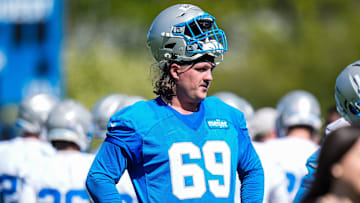 Detroit Lions offensive lineman Tate Ratledge (69) practices during rookie mini camp at Meijer Performance Center in Allen Park on Friday, May 9, 2025.