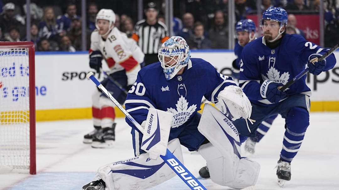 May 5, 2025; Toronto, Ontario, CAN; Toronto Maple Leafs goaltender Joseph Woll (60) looks for the puck against the Florida Panthers during the second period of the second round of the 2025 Stanley Cup Playoffs at Scotiabank Arena. Mandatory Credit: John E. Sokolowski-Imagn Images