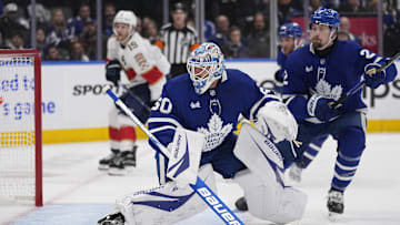 May 5, 2025; Toronto, Ontario, CAN; Toronto Maple Leafs goaltender Joseph Woll (60) looks for the puck against the Florida Panthers during the second period of the second round of the 2025 Stanley Cup Playoffs at Scotiabank Arena. Mandatory Credit: John E. Sokolowski-Imagn Images