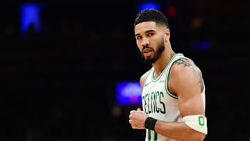 Apr 20, 2025; Boston, Massachusetts, USA; Boston Celtics forward Jayson Tatum (0) during the first half against the Orlando Magic at TD Garden. Mandatory Credit: Bob DeChiara-Imagn Images