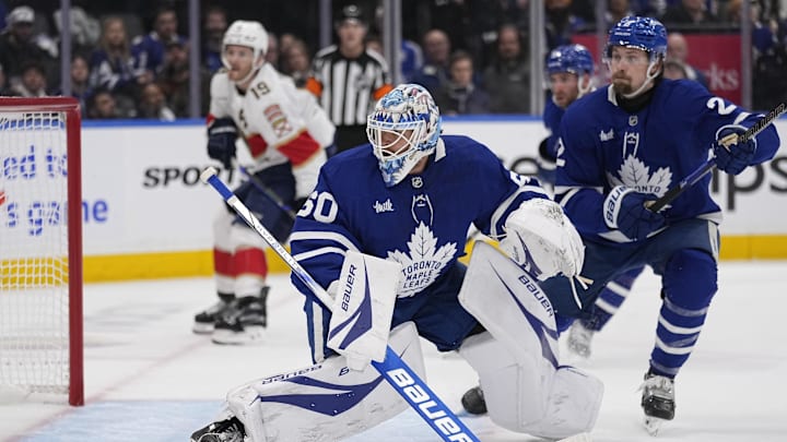 May 5, 2025; Toronto, Ontario, CAN; Toronto Maple Leafs goaltender Joseph Woll (60) looks for the puck against the Florida Panthers during the second period of the second round of the 2025 Stanley Cup Playoffs at Scotiabank Arena. Mandatory Credit: John E. Sokolowski-Imagn Images