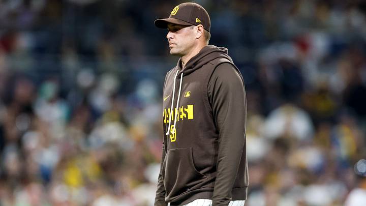 Mar 27, 2026; San Diego, California, USA; San Diego Padres manager Craig Stammen (14) walks off the field during a pitching change during the eighth inning against the Detroit Tigers at Petco Park. Mandatory Credit: David Frerker-Imagn Images