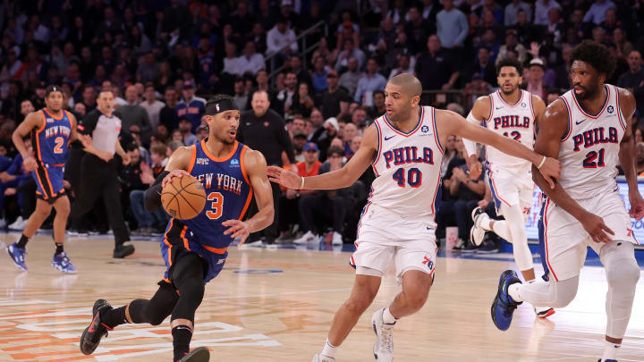 Apr 30, 2024; New York, New York, USA; New York Knicks guard Josh Hart (3) drives to the basket
