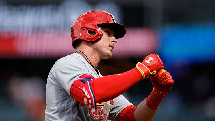 Apr 12, 2023; Denver, Colorado, USA; St. Louis Cardinals second baseman Nolan Gorman (16) reacts as