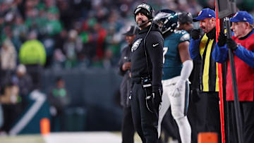 Jan 26, 2025; Philadelphia, PA, USA; Philadelphia Eagles head coach Nick Sirianni looks on against the Washington Commanders during the second half in the NFC Championship game at Lincoln Financial Field.