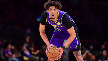 Feb 6, 2025; Los Angeles, California, USA; Los Angeles Lakers center Jaxson Hayes (11) controls the ball against the Golden State Warriors during the first half at Crypto.com Arena. Mandatory Credit: Gary A. Vasquez-Imagn Images
