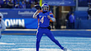 Nov 29, 2024; Boise, Idaho, USA; Boise State Broncos quarterback Maddux Madsen (4) during the second half   against the Oregon State Beavers at Albertsons Stadium.  Boise State defeats Oregon State 34-18. Mandatory Credit: Brian Losness-Imagn Images

