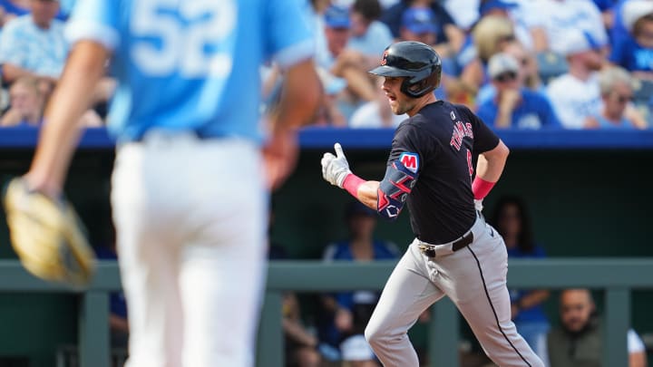 Sep 2, 2024; Kansas City, Missouri, USA; Cleveland Guardians center fielder Lane Thomas (8) rounds the bases after hitting a home run against Kansas City Royals starting pitcher Michael Wacha (52) during the fifth inning at Kauffman Stadium. Mandatory Credit: Jay Biggerstaff-USA TODAY Sports