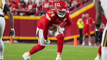 Oct 7, 2024; Kansas City, Missouri, USA; Kansas City Chiefs offensive tackle Jawaan Taylor (74) lines up against the New Orleans Saints during the game at GEHA Field at Arrowhead Stadium. Mandatory Credit: Denny Medley-Imagn Images
