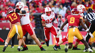 Nov 16, 2024; Los Angeles, California, USA; Nebraska Cornhuskers running back Dante Dowdell runs the ball against the Southern California Trojans.