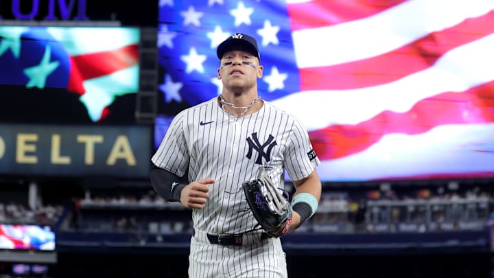 Sep 30, 2025; Bronx, New York, USA; New York Yankees right fielder Aaron Judge (99) runs in from the outfield after the top of the seventh inning of game one of the Wildcard round of the 2025 MLB playoffs against the Boston Red Sox at Yankee Stadium. Mandatory Credit: Brad Penner-Imagn Images