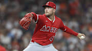 Aug 30, 2025; Houston, Texas, USA; Los Angeles Angels relief pitcher Reid Detmers (48) delivers a pitch during the seventh inning against the Houston Astros at Daikin Park. Mandatory Credit: Troy Taormina-Imagn Images
