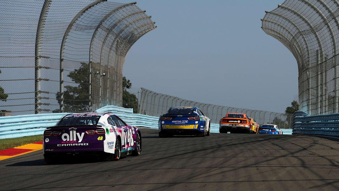 Aug 20, 2023; Watkins Glen, New York, USA; NASCAR Cup Series cars race through the esses during the Go Bowling at The Glen at Watkins Glen International.