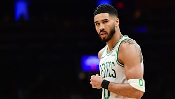 Apr 20, 2025; Boston, Massachusetts, USA; Boston Celtics forward Jayson Tatum (0) during the first half against the Orlando Magic at TD Garden. Mandatory Credit: Bob DeChiara-Imagn Images