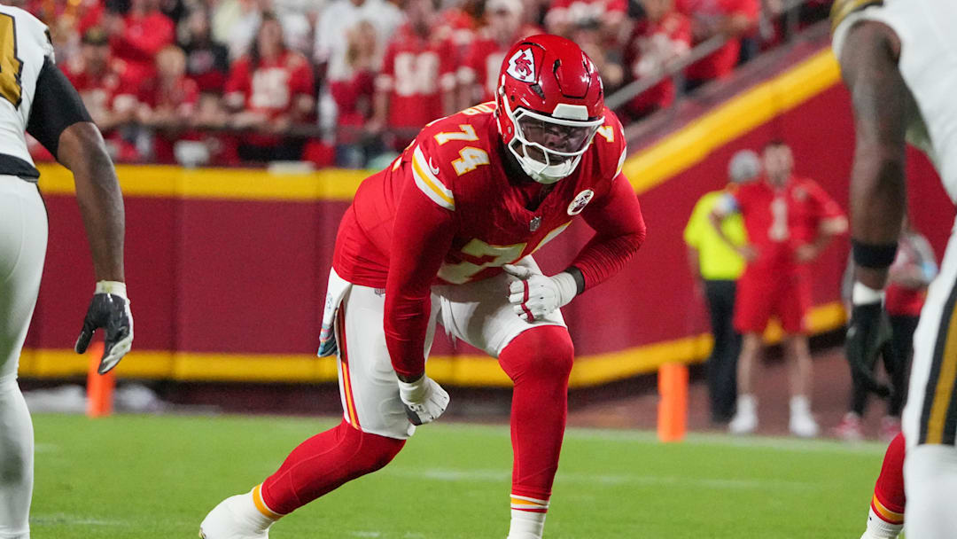Oct 7, 2024; Kansas City, Missouri, USA; Kansas City Chiefs offensive tackle Jawaan Taylor (74) lines up against the New Orleans Saints during the game at GEHA Field at Arrowhead Stadium. Mandatory Credit: Denny Medley-Imagn Images