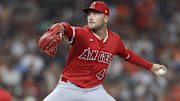 Aug 30, 2025; Houston, Texas, USA; Los Angeles Angels relief pitcher Reid Detmers (48) delivers a pitch during the seventh inning against the Houston Astros at Daikin Park. Mandatory Credit: Troy Taormina-Imagn Images