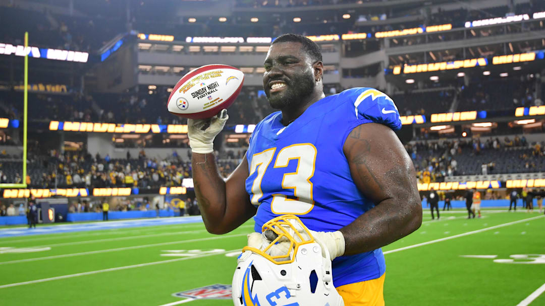 Nov 9, 2025; Inglewood, California, USA; Los Angeles Chargers guard Mekhi Becton (73) reacts after the game against the Pittsburgh Steelers at SoFi Stadium. 