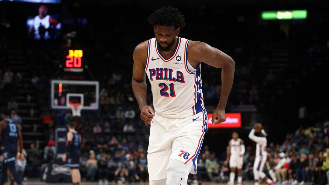 Nov 20, 2024; Memphis, Tennessee, USA; Philadelphia 76ers center Joel Embiid (21) limps to the bench during a time out during the second half against the Memphis Grizzlies at FedExForum. Mandatory Credit: Petre Thomas-Imagn Images