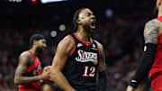 Nov 8, 2025; Philadelphia, Pennsylvania, USA; Philadelphia 76ers forward Trendon Watford (12) reacts after a score and foul against the Toronto Raptors during the first quarter at Xfinity Mobile Arena. Mandatory Credit: Bill Streicher-Imagn Images