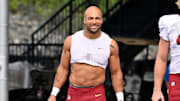 Washington Commanders running back Austin Ekeler (30) arrives at training camp at Gillette Stadium. 