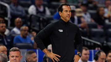 Oct 12, 2025; Orlando, Florida, USA; Miami Heat Head Coach Erik Spoelstra looks on against the Orlando Magic during the first half at Kia Center. Mandatory Credit: Matt Pendleton-Imagn Images