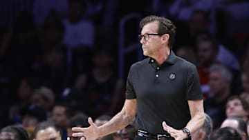 Mar 27, 2025; Miami, Florida, USA;  Atlanta Hawks head coach Quin Snyder reacts against the Miami Heat during the second half at Kaseya Center. Mandatory Credit: Rhona Wise-Imagn Images