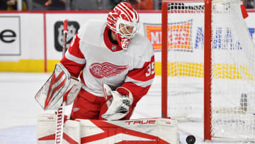 Dec 16, 2023; Philadelphia, Pennsylvania, USA; Detroit Red Wings goaltender Ville Husso (35) against the Philadelphia Flyers at Wells Fargo Center. Mandatory Credit: Eric Hartline-USA TODAY Sports
