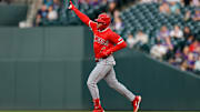 Sep 19, 2025; Denver, Colorado, USA; Los Angeles Angels second baseman Christian Moore (4) gestures on a two run home run in the second inning against the Colorado Rockies at Coors Field. Mandatory Credit: Isaiah J. Downing-Imagn Images