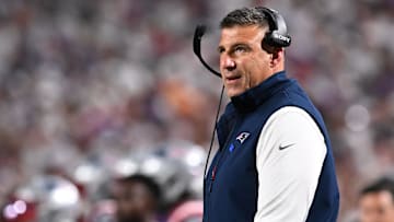 Oct 5, 2025; Orchard Park, New York, USA; New England Patriots head coach Mike Vrabel during the first half at Highmark Stadium. Mandatory Credit: Mark Konezny-Imagn Images