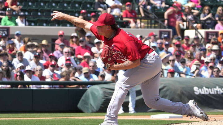Mar 7, 2023; Lakeland, Florida, USA; St. Louis Cardinals starting pitcher Gordon Graceffo throws a pitch in the first inning against the St. Louis Cardinals at Publix Field at Joker Marchant Stadium. Mandatory Credit: Dave Nelson-USA TODAY Sports