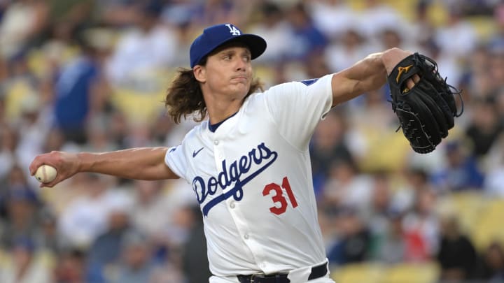 Jul 24, 2024; Los Angeles, California, USA;  Los Angeles Dodgers starting pitcher Tyler Glasnow (31) delivers to the plate in the first inning against the Los Angeles Dodgers at Dodger Stadium. Mandatory Credit: Jayne Kamin-Oncea-USA TODAY Sports