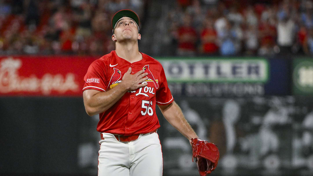 Jul 25, 2025; St. Louis, Missouri, USA;  St. Louis Cardinals relief pitcher Ryan Helsley (56) reacts after the Cardinals defeated the San Diego Padres at Busch Stadium. Mandatory Credit: Jeff Curry-Imagn Images