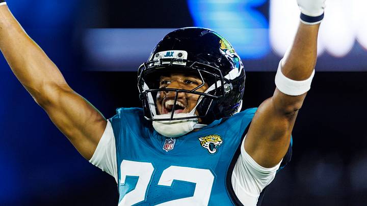 Aug 28, 2026; Jacksonville, Florida, USA;  Jacksonville Jaguars safety Jalen Huskey (22) celebrates a fumble recovery touchdown that turns into an incomplete pass against the Tampa Bay Buccaneers during the second quarter at EverBank Stadium.  Mandatory Credit: Morgan Tencza-Imagn Images