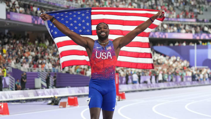 Noah Lyles after winning the gold at the 100m in the Paris Olympics