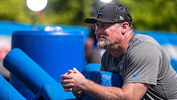 Detroit Lions head coach Dan Campbell looks on after practice during training camp at Meijer Performance Center in Allen Park on Monday, July 21, 2025.