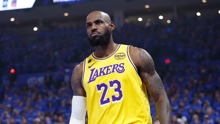 Los Angeles Lakers forward LeBron James (23) looks towards his bench after a play against the Oklahoma City Thunder in the first half during game one of the second round of the 2026 NBA Playoffs at Paycom Center on May 5, 2026.