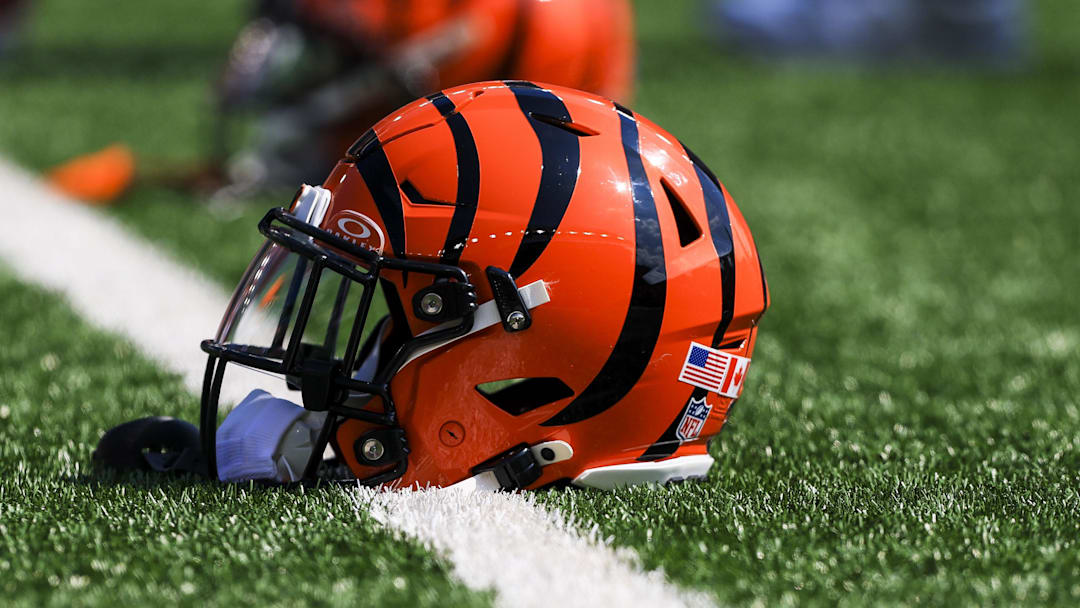 Sep 14, 2025; Cincinnati, Ohio, USA; A general view of the helmet of Cincinnati Bengals running back Chase Brown (30) during warmups before the game against the Jacksonville Jaguars at Paycor Stadium. Mandatory Credit: Katie Stratman-Imagn Images