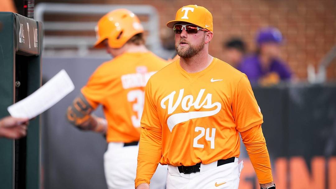 Tennessee coach Josh Elander heads back to the dugout during a college baseball game between Tennessee and LSU at Lindsey Nelson Stadium in Knoxville, Tennessee., on April 3, 2026. Tennessee coach Josh Elander heads back to the dugout during a college baseball game between Tennessee and LSU at Lindsey Nelson Stadium in Knoxville, Tennessee., on April 3, 2026.