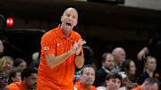 Oklahoma State coach Steve Lutz shouts during an NCAA basketball game between the Oklahoma State University Cowboys (OSU) and Oral Roberts at Gallagher-Iba Arena in Stillwater, Okla., Tuesday, Nov. 4, 2025.