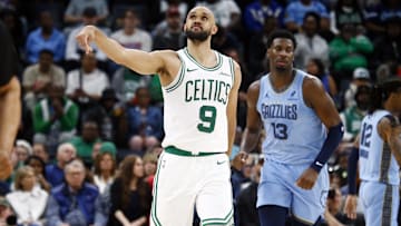 Mar 31, 2025; Memphis, Tennessee, USA; Boston Celtics guard Derrick White (9) reacts during the fourth quarter against the Memphis Grizzlies at FedExForum. Mandatory Credit: Petre Thomas-Imagn Images