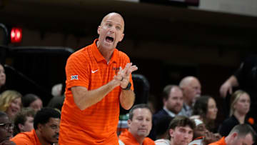 Oklahoma State coach Steve Lutz shouts during an NCAA basketball game between the Oklahoma State University Cowboys (OSU) and Oral Roberts at Gallagher-Iba Arena in Stillwater, Okla., Tuesday, Nov. 4, 2025.