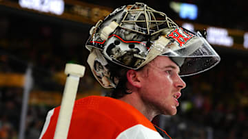 Oct 24, 2023; Las Vegas, Nevada, USA; Philadelphia Flyers goaltender Carter Hart (79) awaits a face off against the Vegas Golden Knights during the second period at T-Mobile Arena. Mandatory Credit: Stephen R. Sylvanie-Imagn Images